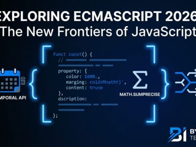 ECMAScript 2026 JavaScript new features including Temporal API, Math.sumPrecise, and the using keyword illustrated with code and icons