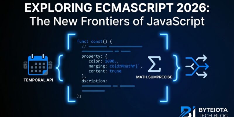 ECMAScript 2026 JavaScript new features including Temporal API, Math.sumPrecise, and the using keyword illustrated with code and icons