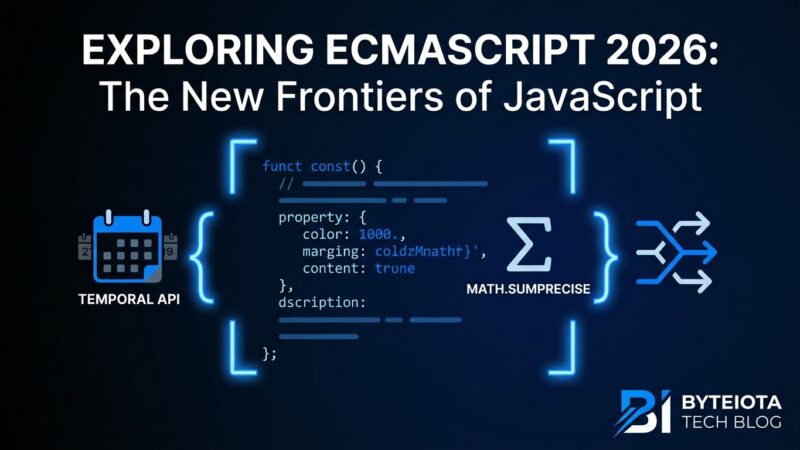 ECMAScript 2026 JavaScript new features including Temporal API, Math.sumPrecise, and the using keyword illustrated with code and icons