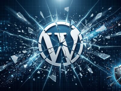 WordPress logo with crack lines breaking apart, representing the wp2shell RCE vulnerability discovered by GPT-5.6