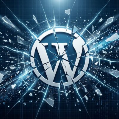 WordPress logo with crack lines breaking apart, representing the wp2shell RCE vulnerability discovered by GPT-5.6