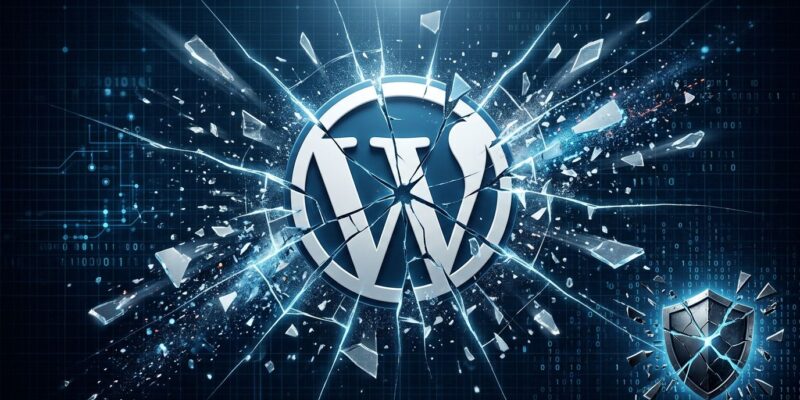 WordPress logo with crack lines breaking apart, representing the wp2shell RCE vulnerability discovered by GPT-5.6