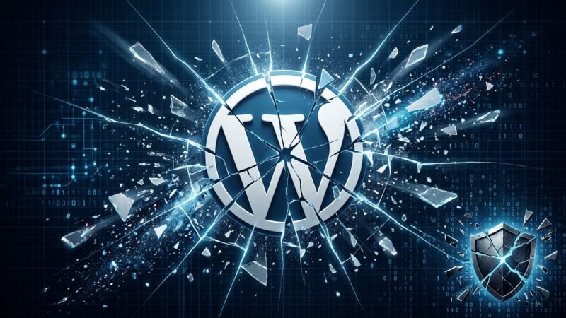 WordPress logo with crack lines breaking apart, representing the wp2shell RCE vulnerability discovered by GPT-5.6