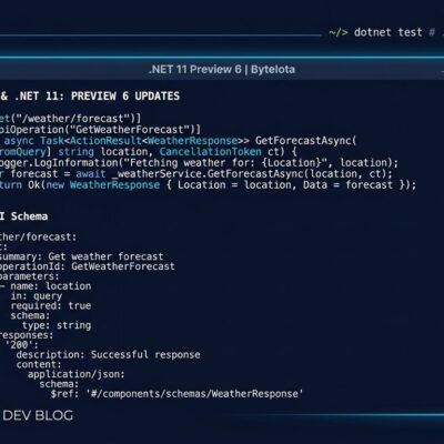.NET 11 Preview 6 showing C# async validation and OpenAPI 3.2 code on dark navy background