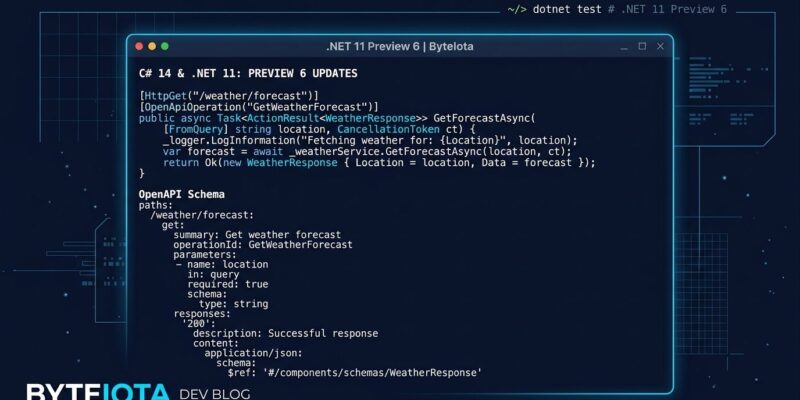 .NET 11 Preview 6 showing C# async validation and OpenAPI 3.2 code on dark navy background