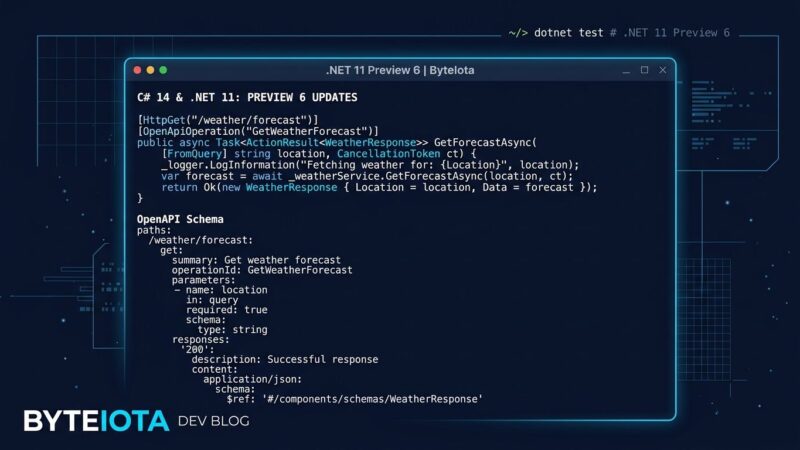 .NET 11 Preview 6 showing C# async validation and OpenAPI 3.2 code on dark navy background
