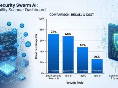 Data visualization showing Devin Security Swarm benchmark comparison with four AI security tools, parallel agent nodes scanning code, and security shield icons