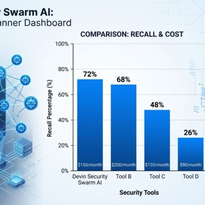 Data visualization showing Devin Security Swarm benchmark comparison with four AI security tools, parallel agent nodes scanning code, and security shield icons