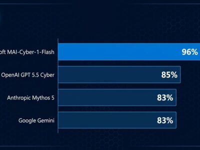 Data visualization chart showing MAI-Cyber-1-Flash scoring 96% on CyberGym benchmark, topping Anthropic Mythos and OpenAI GPT-5.5 Cyber