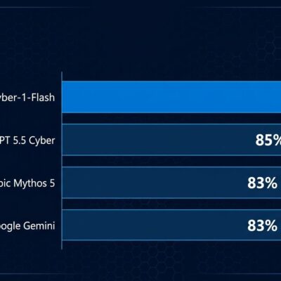Data visualization chart showing MAI-Cyber-1-Flash scoring 96% on CyberGym benchmark, topping Anthropic Mythos and OpenAI GPT-5.5 Cyber