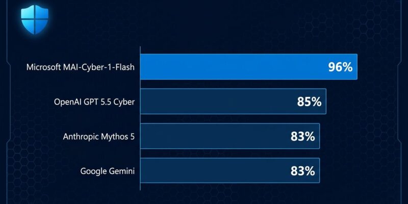 Data visualization chart showing MAI-Cyber-1-Flash scoring 96% on CyberGym benchmark, topping Anthropic Mythos and OpenAI GPT-5.5 Cyber