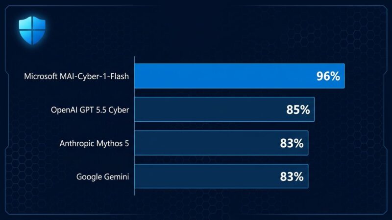 Data visualization chart showing MAI-Cyber-1-Flash scoring 96% on CyberGym benchmark, topping Anthropic Mythos and OpenAI GPT-5.5 Cyber