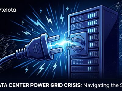 Illustration of an electrical plug disconnecting from a server rack, representing the AI data center power grid crisis and planned curtailments by PJM Interconnection