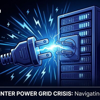 Illustration of an electrical plug disconnecting from a server rack, representing the AI data center power grid crisis and planned curtailments by PJM Interconnection