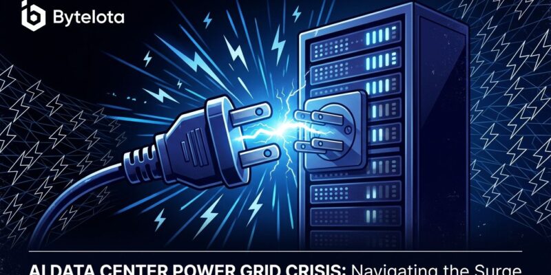 Illustration of an electrical plug disconnecting from a server rack, representing the AI data center power grid crisis and planned curtailments by PJM Interconnection
