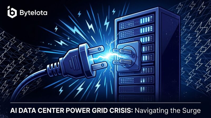 Illustration of an electrical plug disconnecting from a server rack, representing the AI data center power grid crisis and planned curtailments by PJM Interconnection