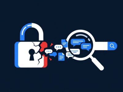 AI chatbot conversation lock broken open with search bar representing Claude privacy exposure on Google