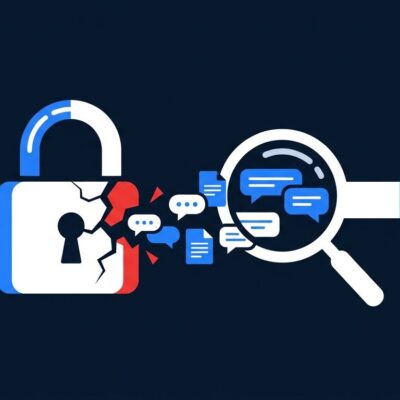 AI chatbot conversation lock broken open with search bar representing Claude privacy exposure on Google