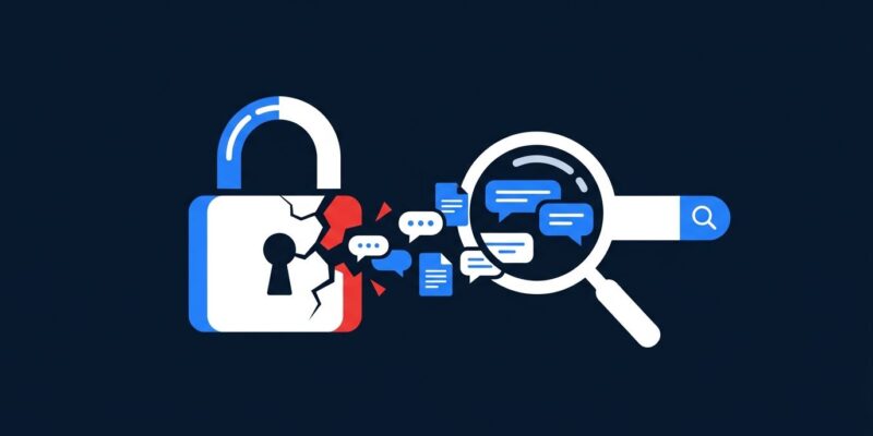 AI chatbot conversation lock broken open with search bar representing Claude privacy exposure on Google