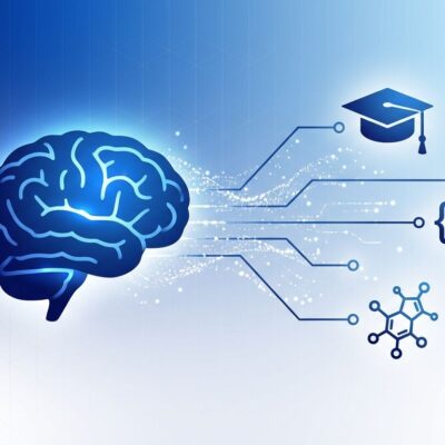 Agentic AI brain connected to learning symbols representing LearnVector's AI tutoring platform