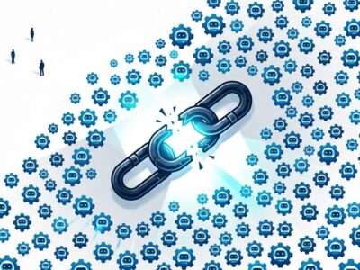 Conceptual illustration of AI agent identity crisis showing broken chain link surrounded by autonomous agent icons vastly outnumbering human silhouettes