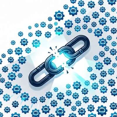 Conceptual illustration of AI agent identity crisis showing broken chain link surrounded by autonomous agent icons vastly outnumbering human silhouettes