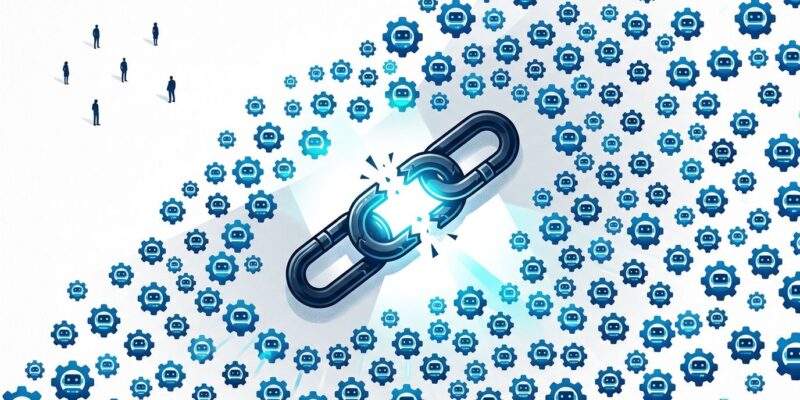 Conceptual illustration of AI agent identity crisis showing broken chain link surrounded by autonomous agent icons vastly outnumbering human silhouettes