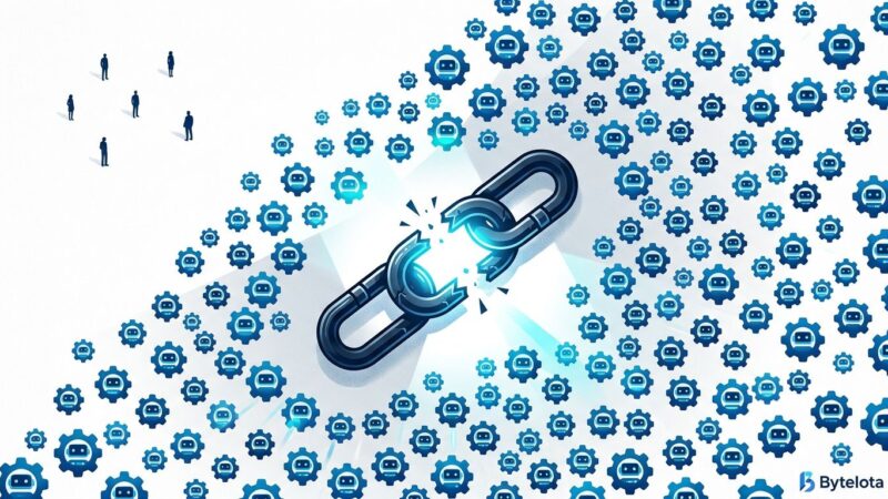 Conceptual illustration of AI agent identity crisis showing broken chain link surrounded by autonomous agent icons vastly outnumbering human silhouettes