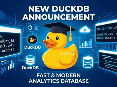 DuckDB yellow duck with graduation cap surrounded by SQL windows and database symbols on blue background