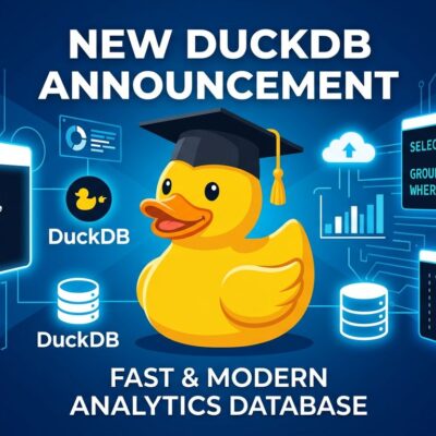DuckDB yellow duck with graduation cap surrounded by SQL windows and database symbols on blue background