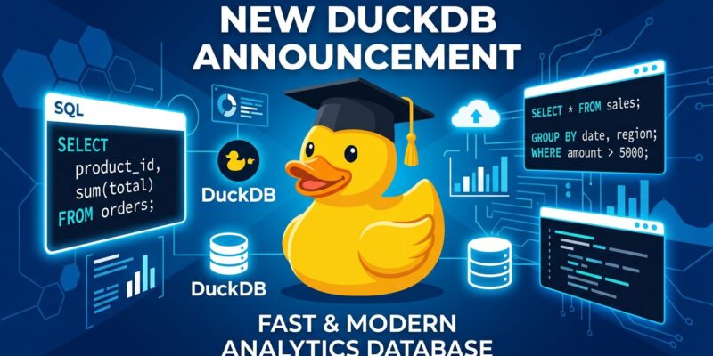 DuckDB yellow duck with graduation cap surrounded by SQL windows and database symbols on blue background