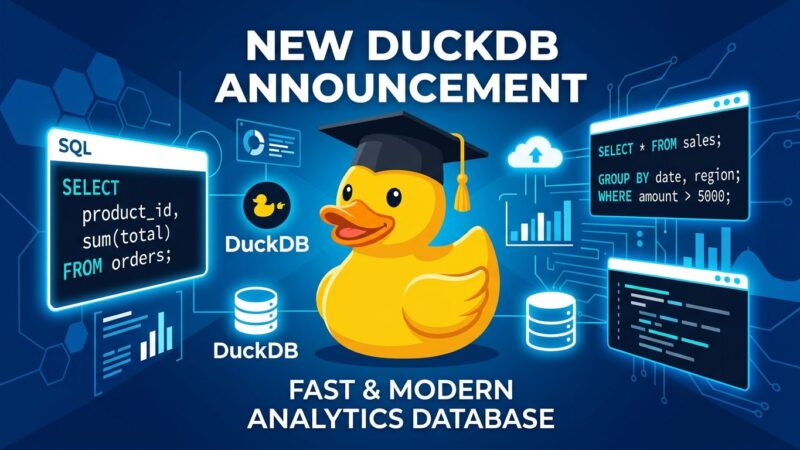 DuckDB yellow duck with graduation cap surrounded by SQL windows and database symbols on blue background