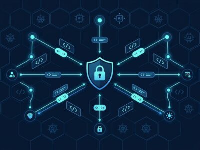 Shield icon surrounded by AI agent nodes with OAuth tokens and Kubernetes grid pattern representing Keycloak MCP authorization