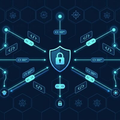 Shield icon surrounded by AI agent nodes with OAuth tokens and Kubernetes grid pattern representing Keycloak MCP authorization