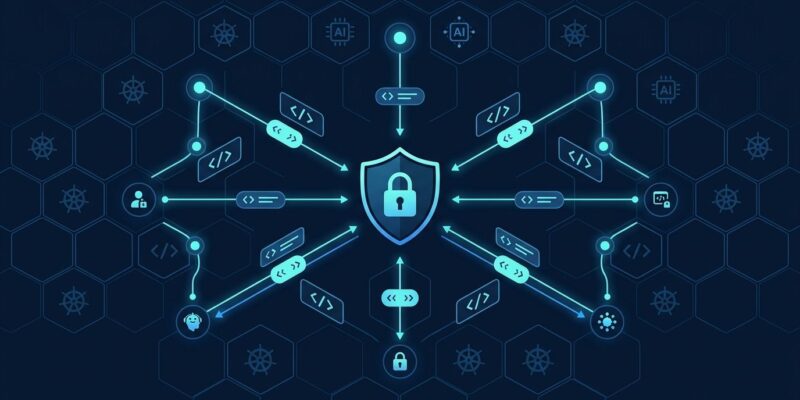 Shield icon surrounded by AI agent nodes with OAuth tokens and Kubernetes grid pattern representing Keycloak MCP authorization