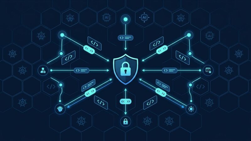 Shield icon surrounded by AI agent nodes with OAuth tokens and Kubernetes grid pattern representing Keycloak MCP authorization