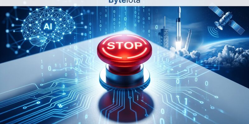 Emergency stop button surrounded by AI neural networks representing the 2026 AI pacing petition where 1178 employees asked the US government to slow frontier AI development