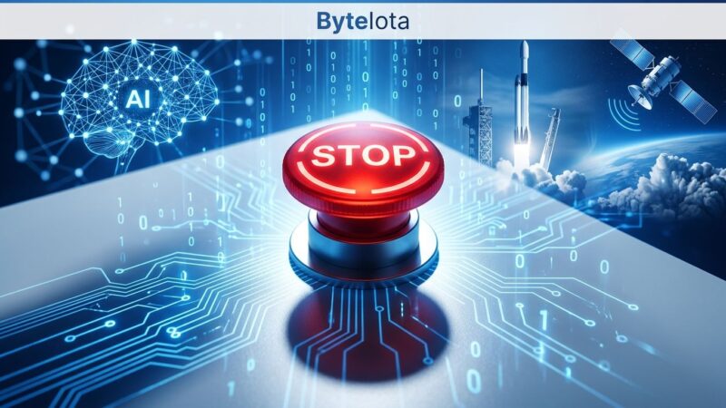Emergency stop button surrounded by AI neural networks representing the 2026 AI pacing petition where 1178 employees asked the US government to slow frontier AI development