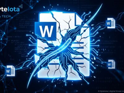 Illustration of a self-propagating AI worm exploiting Microsoft Copilot for Word, showing document infection chain with blue circuit lines