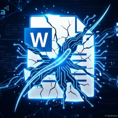 Illustration of a self-propagating AI worm exploiting Microsoft Copilot for Word, showing document infection chain with blue circuit lines