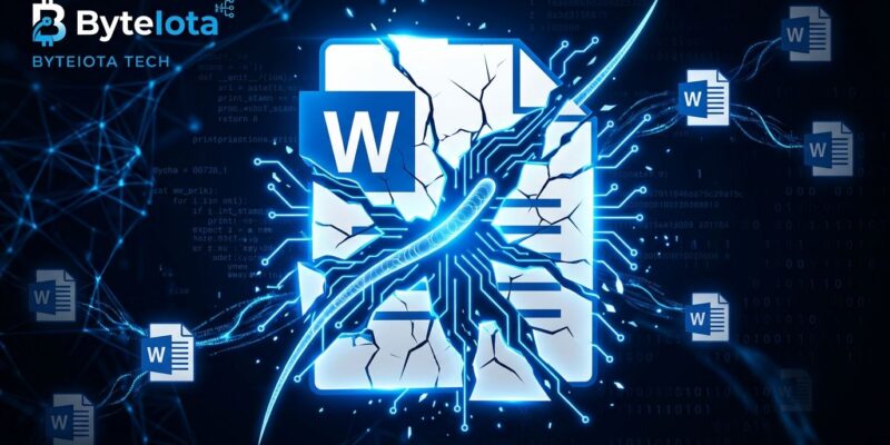 Illustration of a self-propagating AI worm exploiting Microsoft Copilot for Word, showing document infection chain with blue circuit lines