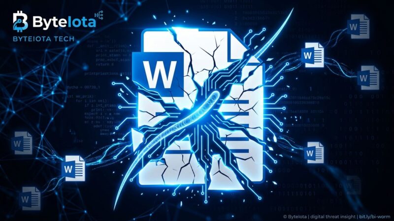 Illustration of a self-propagating AI worm exploiting Microsoft Copilot for Word, showing document infection chain with blue circuit lines