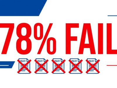 Bold conceptual graphic showing 78% fail rate with policy document icons crossed out in red