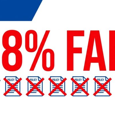 Bold conceptual graphic showing 78% fail rate with policy document icons crossed out in red