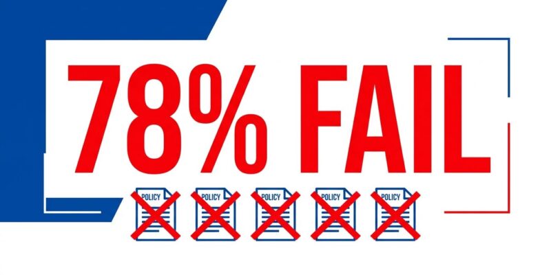 Bold conceptual graphic showing 78% fail rate with policy document icons crossed out in red