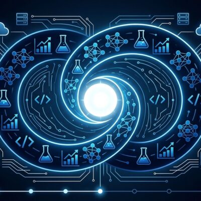 Recursive self-improvement AI research loop visualization with AWS cloud infrastructure in ByteIota blue and white brand colors