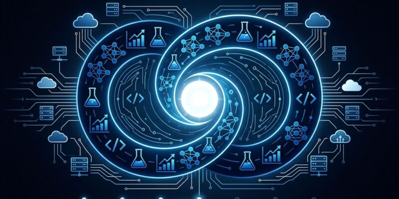 Recursive self-improvement AI research loop visualization with AWS cloud infrastructure in ByteIota blue and white brand colors