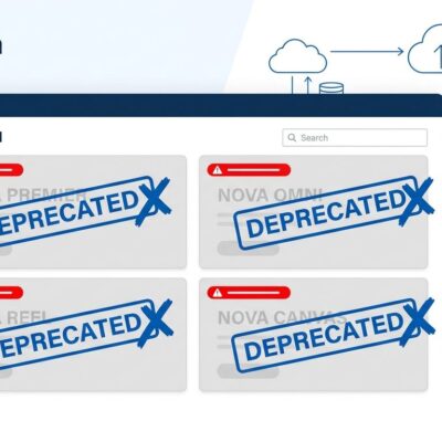 Amazon AWS dashboard showing Nova Premier, Nova Omni, Nova Reel, and Nova Canvas models marked as deprecated with red warning indicators