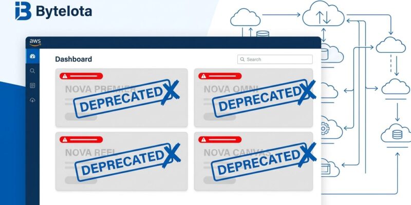 Amazon AWS dashboard showing Nova Premier, Nova Omni, Nova Reel, and Nova Canvas models marked as deprecated with red warning indicators