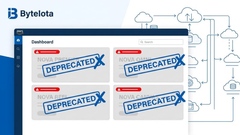 Amazon AWS dashboard showing Nova Premier, Nova Omni, Nova Reel, and Nova Canvas models marked as deprecated with red warning indicators